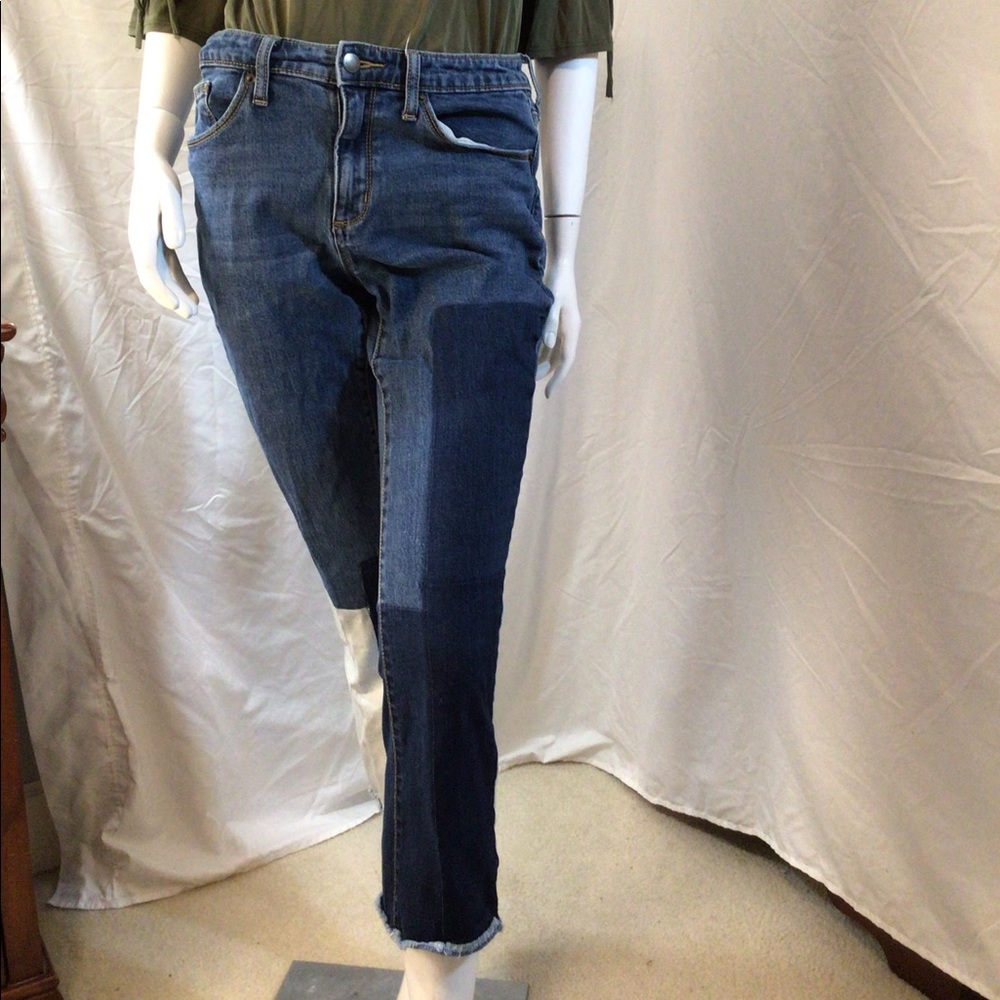 High rise boot cut patched denim blue jeans